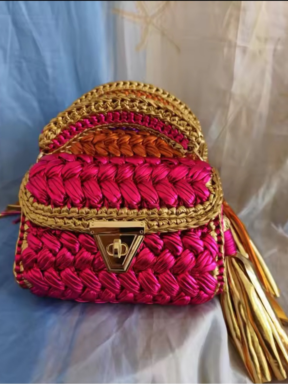 Macy's Hot Pink and Gold Woven Crossbody Bag